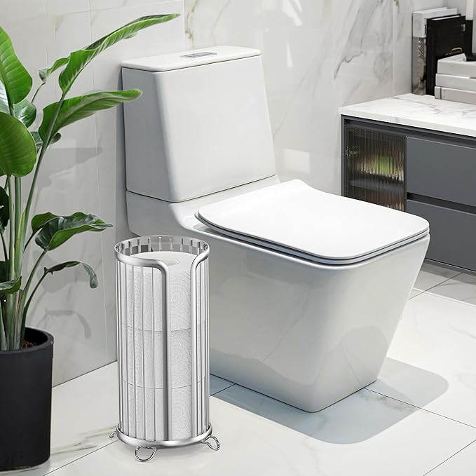 Toilet Paper Holder Stand, Freestanding Toilet Tissue Organizer, Minimalistic Storage Solution, Reserve Mega Rolls,Modern -2PACK Silver