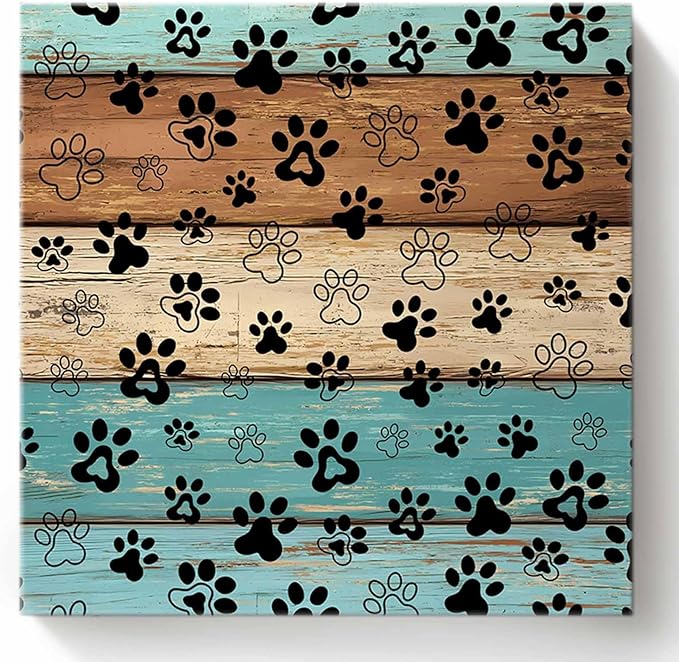 Framed Canvas Wall Art for Living Room Dog Paw Print Wall Decor, Retro Brown Turquoise Wood Grain Aesthetic Paintings for Bedroom Office Kitchen Bathroom, Ready to Hang Artwork Wall Pictures 8x8 Inch