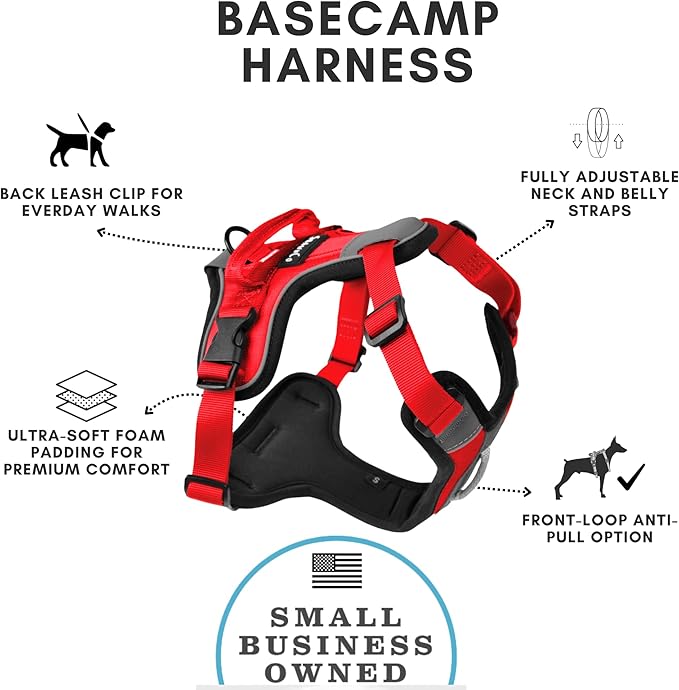 ShawnCo Basecamp Dog Harness, No-Pull Pet Vest with 3 Leash Clips, Padded, Reflective, Lightweight and Adjustable Harness with Handle for Small, Medium and Large Dogs (Mustang Red, S)