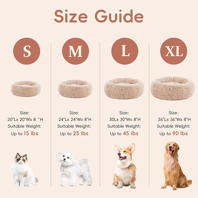FluffyDream 30 Inch Calming Donut Bed for Dogs and Cats, Brown Washable Plush Fur Cuddle Bed