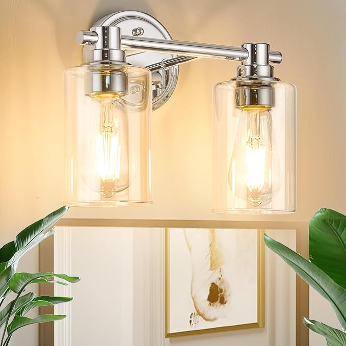 Bathroom Light Fixtures Wall Sconce Light with Clear Glass Chrome 2 Lights Bathroom Lighting Over Mirror Vanity Lights for Living Room,Bedroom,Restroom,Hallway E26 Base