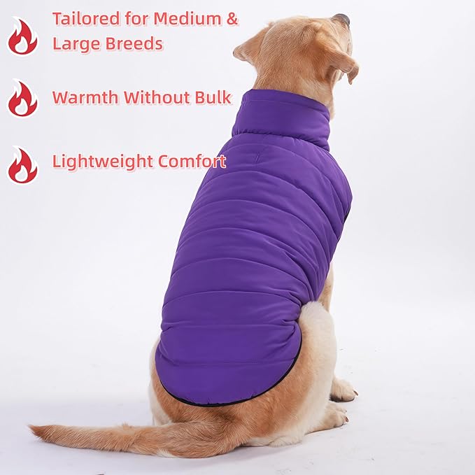 LovinPet Reversible Dog Puffer Coat for Medium & Large Dogs, Down‑Insulated Winter Jacket, Water‑Resistant & Wind‑Resistant, Anti‑Static, Dual-Sided Purple & Black for Cold Weather,2XL