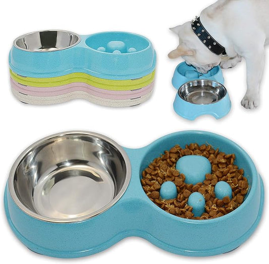 Dog Slow Eating & Drinking Bowl,Stainless Steel Interactive Slow Feed Dog Bowl for French Bulldog,Slow Down Eating Eco-Friendly pet Bowl for Frenchie (Blue)