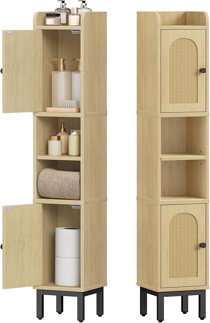 Slim Bathroom Storage Cabinet, Narrow Bathroom Organizers and Storage with 4 Adjustable Feet, Laundry Room Organization for Small Space, Kitchen, Living Room, 2 Doors Rattan Yellow BC22402Y