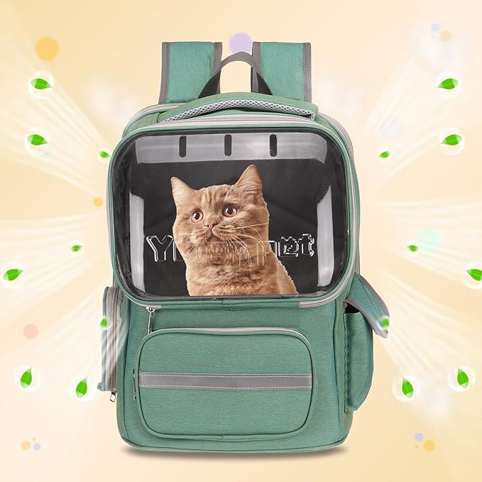 Pet Backpack Carrier, Portable and Ventilated, Oxford Cloth, Dog Cat Travel Bag with Transparent Cover 14.17", (Green, 1 Pcs), Intended for Hiking/Camping/Traveling