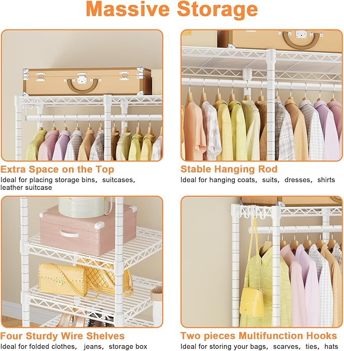 Ulif F4R Heavy Duty Clothes Rack（With Lockable Wheels ） Rolling Clothing Racks for Hanging Clothes，Adjustable Closet Organizer System，Portable Garment Rack 45"W x 15.8"D x 73.5"H，Max Load 650LBS，White