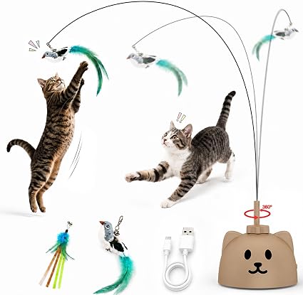Interactive Cat Toys for Indoor Cats: Upgraded 360° Automatic Spin Flying Bird Feather Wand with Silicone Protected Rod Safe Play, Strong 8cm Suction Cup, USB-Rechargeable for Bored Kittens and Adult