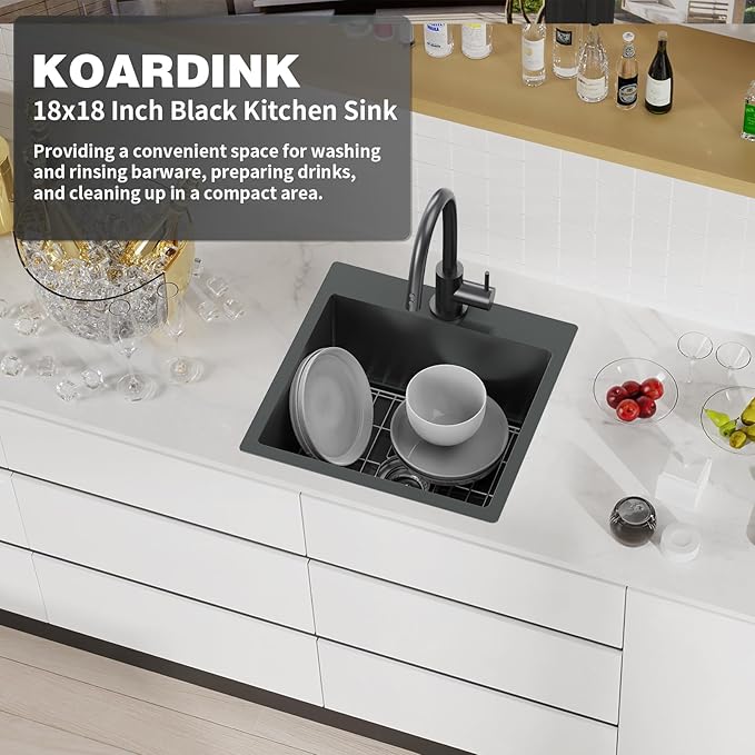 Black Kitchen And Bar Sink, 18x18 Inch Stainless Steel Drop In Modern Single Bowl Small Kitchen And Bar Sink Combo-SS Grid,Silicon Mat,Drain Strainer Set Compatibility With Modern&Classic Style