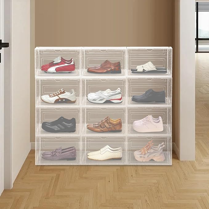12 Pack Stackable Shoe Box,Semi-Transparent Plastic Sneaker Box,Free Standing Shoe Containers,Acrylic Shoe Display Case,Sneaker Storage,for Shoes,Clothes, Purses,13.39 * 10.63 * 8.66in (Clear)