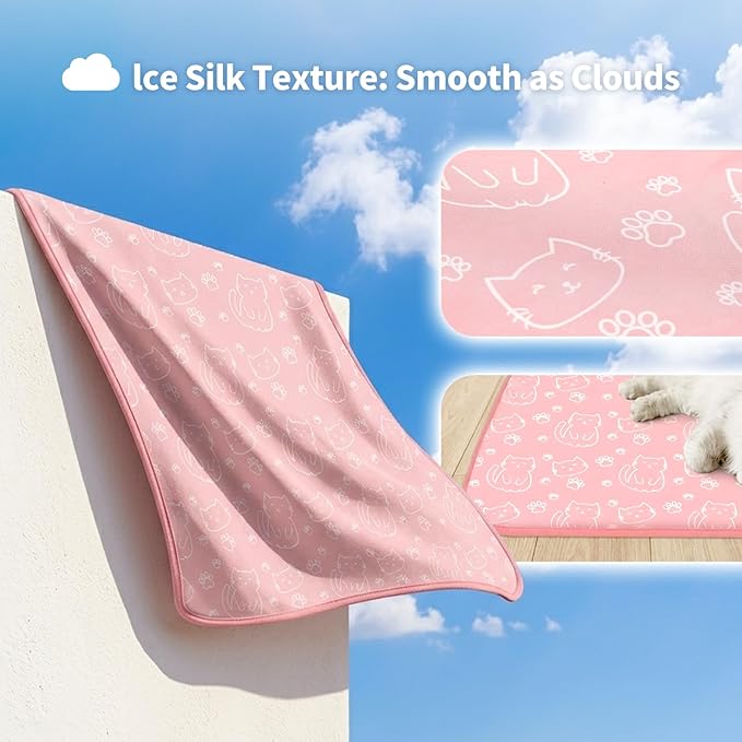 NWK Pack of 4 Pet Cooling Mat for Large Dogs -Q-Max>0.345 Ice Silk Cooling Mat for Dogs & Cats Portable & Washable Pet Cooling Blanket for Summer (4pcs, Pink Cat, 39'' X 27'' X 0.3'')