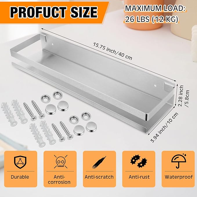 Lallisa 4 Pieces Stainless Steel Shelf Bathroom Shower Floating Shelves Wall Mounted Shower Caddy Basket Shelf Storage Organizer Shelves for Bathroom, Kitchen, Living Room, Silver, 15.75 Inch