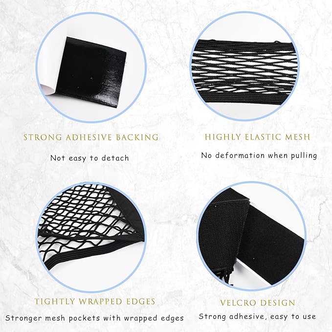 2PCS Universal Mesh Cargo Net with Adhesive Tape, 9.8×15.7in Small Cargo Storage Mesh Net Car Storage Net Pocket RV Storage Netting Wall Mesh Pocket Net for Rv Car Trunk Boat(Black)