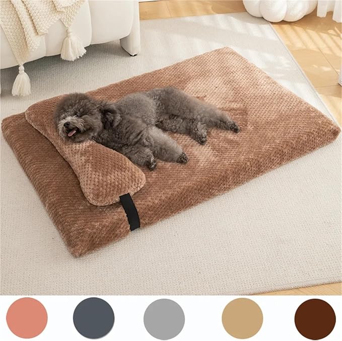 Calming Dog Bed with Pillow, Fluffy Plush Mat with Removable Cover - 4 Sizes for Large Medium Small Dogs & Cats, Machine Washable(Brown,Large)