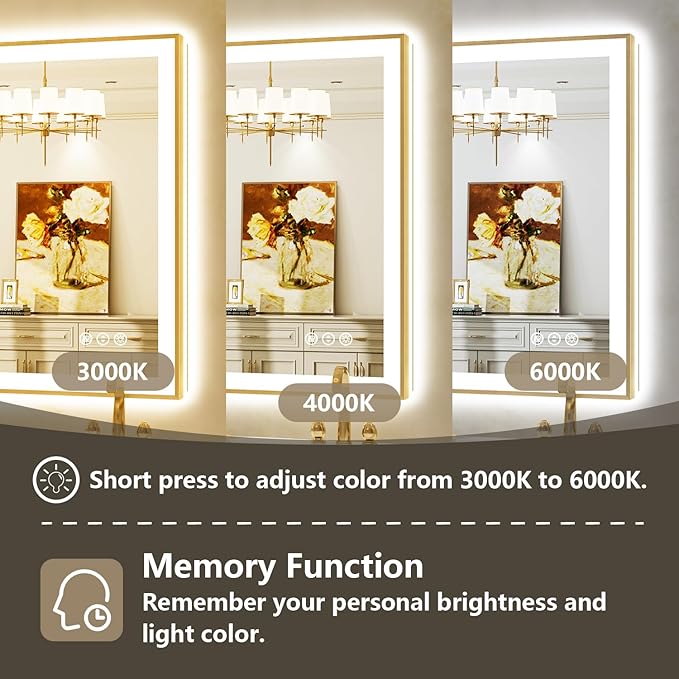 55x30 Inch LED Bathroom Mirror with Lights (Front Lit and Backlit) Gold Framed Lighted Vanity Mirror for Bathroom Wall Dimmable Anti-Fog Memory Tempered Glass Horizontal/Vertical