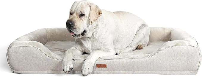 Orthopedic Dog Beds for Extra Large Dogs, Waterproof Cooling Gel Memory Foam XL Pet Bed with Sides, Non-Slip Bottom and Egg-Crate Foam with Washable Removable Cover,42.0" LX30.0 WX9.0 Th Beige