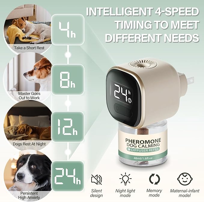 SHANDR Dog Calming Pheromones Diffuser 4 in 1 Appeasing Relaxing Diffuser with Timing Function Pet Kit Anxiety Relief Reduce Aggression Barking Fighting Stress (2 Plug in +2 Refill 48ml)