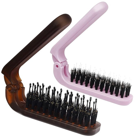 2 Pack Foldable Hair Brush Travel Hairbrush, Boar Bristle Hair Brush Portable Collapsible Pocket Comb for Women and Men, Suitable for Travel, Purse, Anti-Static Design (Amber & Light Pink)