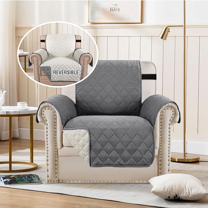 H.VERSAILTEX Reversible Quilted Chair Cover, Water Resistant Chair Slipcover Furniture Protector, Washable Chair Couch Cover with Elastic Strap for Kids, Dogs, Pets(Armchair, Grey/Beige)
