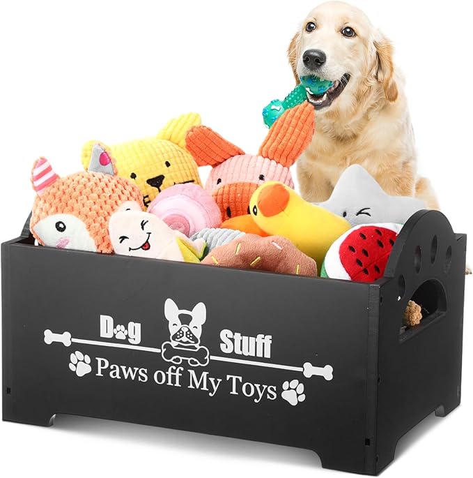 Marsui Wooden Dog Toy Bin Basket with Handle Large Dog Stuff Storage Box Cute Pet Stuff Organizer for Chew, Blankets, Leashes, Food Gift for Living Room Area(Black,13.78 Inch)