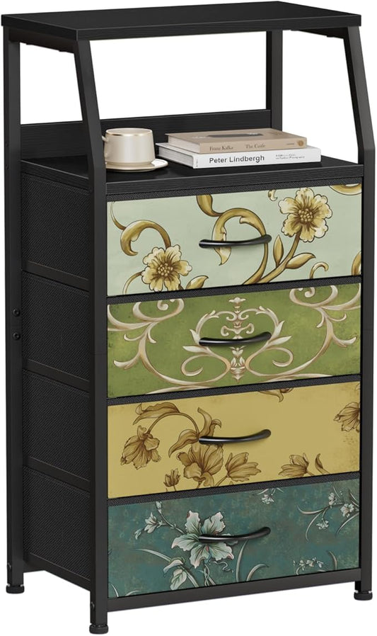 Furnulem Retro Dresser for Bedroom, Small Dresser for Closet, Vintage Nightstand with 4 Drawers, Fabric Storage Organizer Bedside Table Side Furniture, Metal Frame, Wood Top