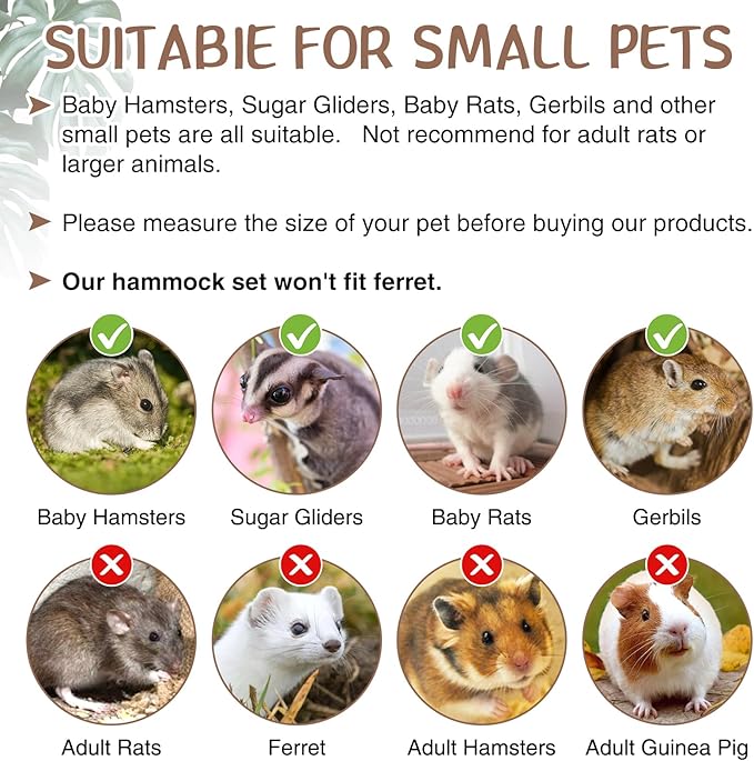 Hamiledyi 6 Pcs Hamster Hammock Small Animals Hanging Warm Bed House Organic Natural Apple Wood Chewing Stick Rat Cage Nest Accessories Toy Hanging Tunnel and Swing for Sugar Glider Small Hamsters Rat