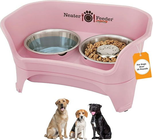 Neater Feeder - Express Model w/Slow Feed Bowl - Mess-Proof Dog Bowls (M/L, Pink) Made in USA – Elevated, No Spill, Non-Tip, Non-Slip, Raised Stainless Steel Food/Water Pet Bowls Aid Digestion