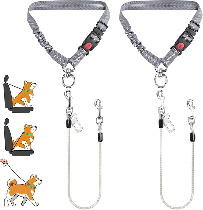 Idepet Dog Seat Belt for Car, 2 Pcs Stainless Steel Chew Proof Dog Seatbelt, 3 in 1 Dog Harness for Car Safety Seat Belt, Heavy Duty Pet Car Seat Belt for Medium & Large Dogs (Grey+Grey)