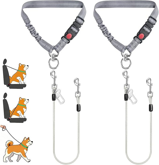 Idepet Dog Seat Belt for Car, 2 Pcs Stainless Steel Chew Proof Dog Seatbelt, 3 in 1 Dog Harness for Car Safety Seat Belt, Heavy Duty Pet Car Seat Belt for Medium & Large Dogs (Grey+Grey)