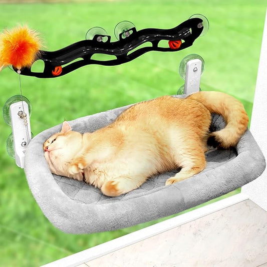 Odoland Cat Window Perch Hammock with Adsorption Tunnel Balls Toy - Large Cats Bed with Metal Frame & Suction Cups - Machine Washable Kitten Bed Front and Back Installation for Summer and Winter