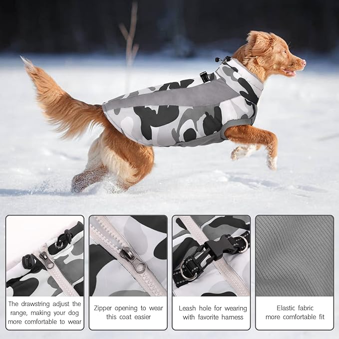 FUAMEY Dog Winter Jackets for Large Dogs,Dog Coat with Harness Built in,Waterproof Dogs Snowsuits Warm Pet Jacket Zip Up Fleece Cold Weather Coats Reflective Puppy Vest with Pocket Blue 3XL