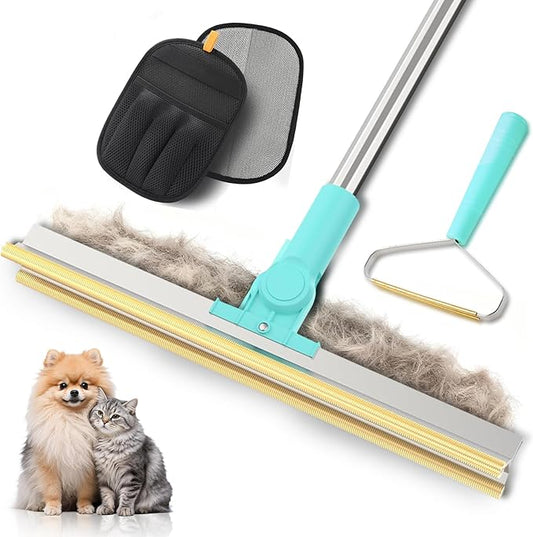 Carpet Rake for Pet Hair Removal - 3 in 1 Reusable Cat Dog Hair Remover Scraper with Adjustable Long Handle, Carpet Clean Gloves & Cat Dog Fur Rakes Scraper Broom for Couch, Rugs, Mats and Cars