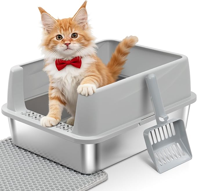 Stainless Steel Litter Box with Lid,Metal Kitty Litter Box,Kitten Litterbox for Small Cats,Non-Stick,Odor-Free,Easy to Clean,Include Litter Mat &Scoop,17.5x13.6x8in
