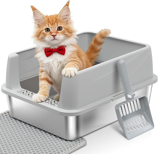 Stainless Steel Litter Box with Lid,Metal Kitty Litter Box,Kitten Litterbox for Small Cats,Non-Stick,Odor-Free,Easy to Clean,Include Litter Mat &Scoop,17.5x13.6x8in