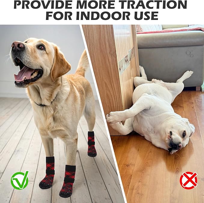 EXPAWLORER Dog Socks for Cold Winter Snow to Prevent Licking Paws, Anti Slip Doggie Booties Grippy Shoes for Hardwood Floors, Boots & Paw Protectors for Small Medium Large Senior Dogs Red Black M