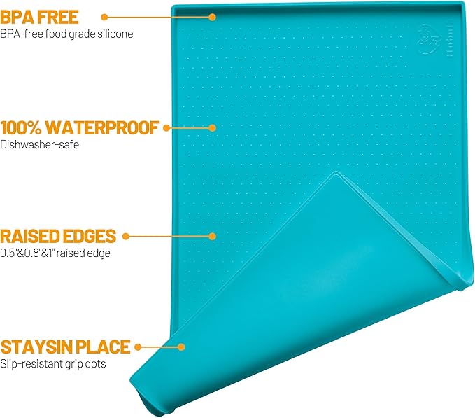 Hubulk Dog Feeding Mat,100% Waterproof Food Grade Silicone Pet Food and Water Bowl Placemat,Dishwasher, High Raised Edge to Prevent Spills,Nonslip Tray to Stop Messes on Floor (19"x12"x0.5", Teal)