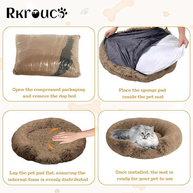 Fluffy Dog Bed Calming Donut Beds for Large Dogs Warming Round Small Medium Pet Nest Cozy Cat Mattress Indoor Washable Puppy Kennel Kittens Sleep Mat (XS, 20×20 inch, Light Brown)