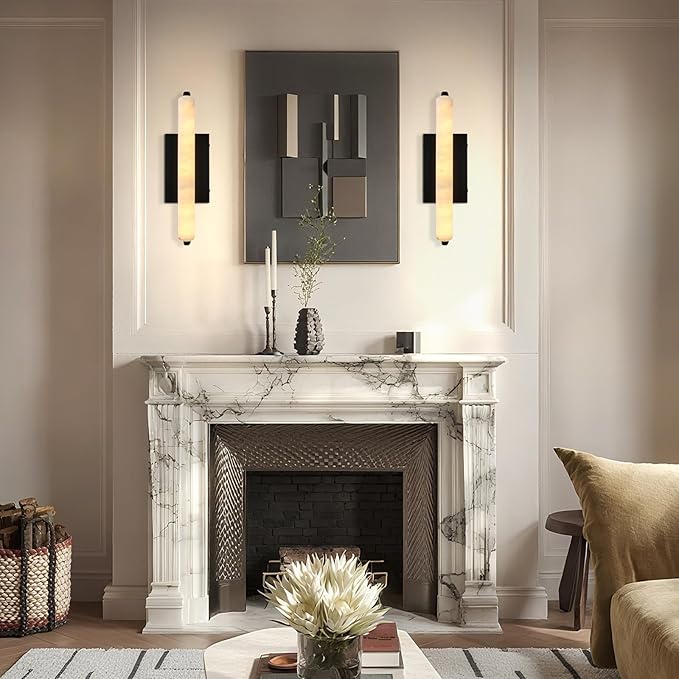 Alabaster Wall Sconces Set of Two, 15" Black Alabaster Sconce, Spanish Natural Marble Bathroom Vanity Sconces, Rectangle Modern Sconces Lighting for Bedroom Living Room Staircases Hallway