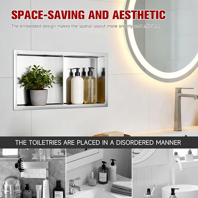No Tile Needed Shower Niche 13"X 25", Bathroom Wall Niche Double Shelves, Stainless Steel Shower Niche for Bathroom, Kitchens, Balconies
