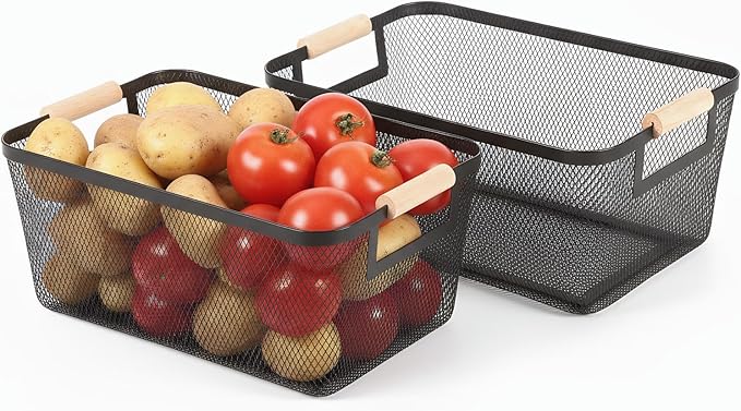 2-Pack Metal Mesh Basket, Large Wire Storage Organizer with Wood Handle for Kitchen Pantry, Bathroom, Cabinet, Closet, Picnic & Home Organization, Large, Black