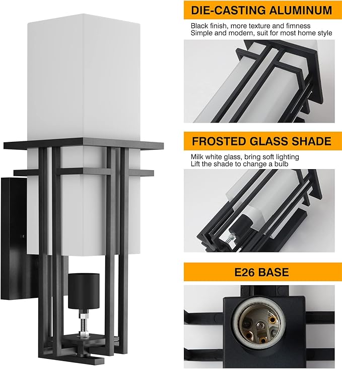 Outdoor Lighting Fixtures Wall Mount, Outdoor Wall Lights Modern with Frosted Glass, Aluminum Exterior Light for House Outdoor Wall Lantern for Garage Porch Carriage Patio (17''H, 1 pc)