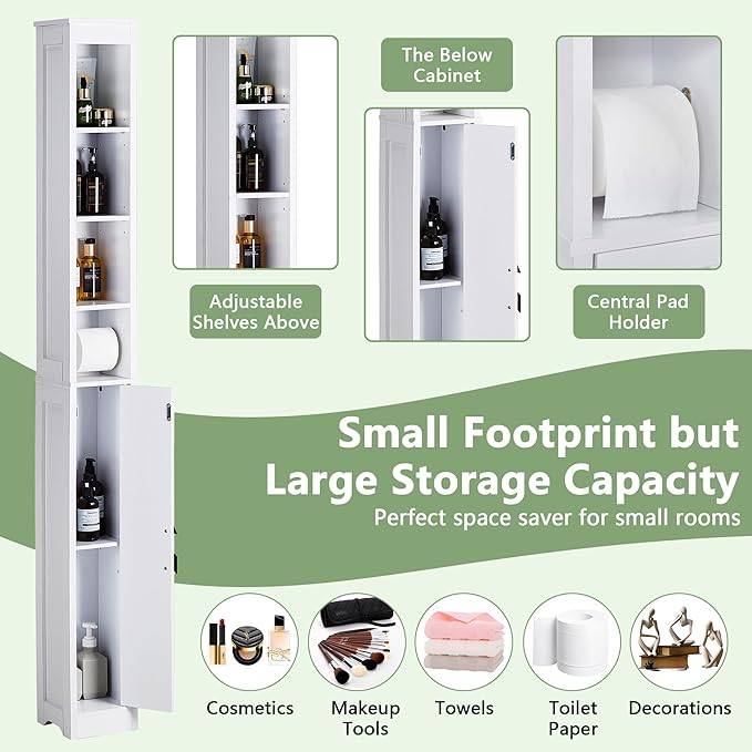 VECELO Narrow Bathroom Storage Cabinet with 3 Adjustable Shelves, 71" Tall Freestanding Cabinet with Toilet Paper Holder, Slim Tower Cabinet with Magnetic Door, for Small Spaces, White