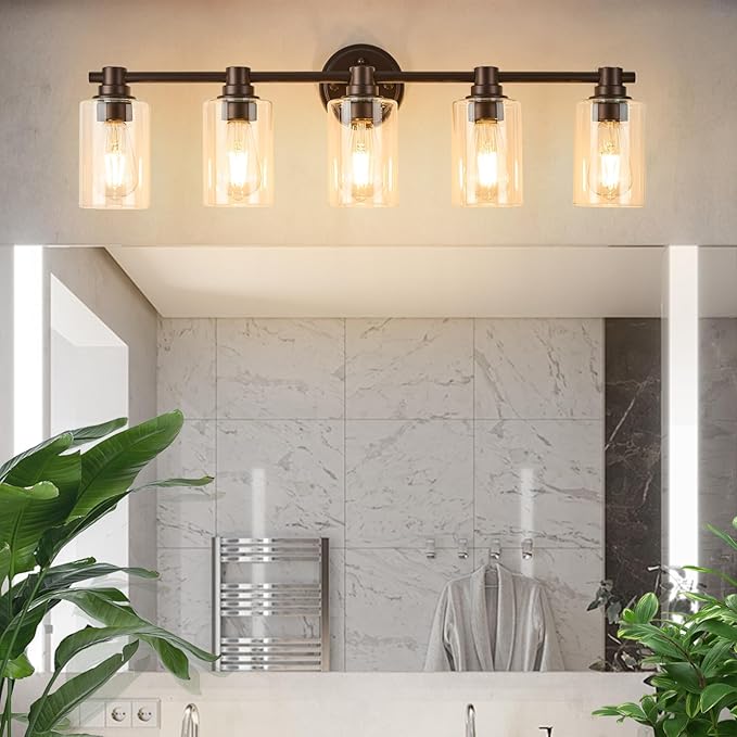Bathroom Light Fixtures Wall Sconce Light with Clear Glass Oil Rubbed Bronze 5 Lights Bathroom Lighting Over Mirror Vanity Lights for Living Room,Bedroom,Restroom,Hallway E26 Base