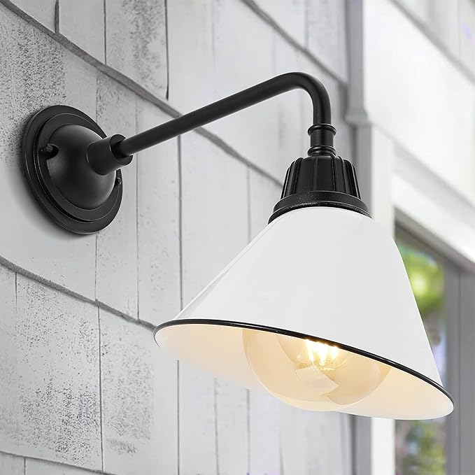 JONATHAN Y JYL7612A Croydon 9.63" 1-Light Farmhouse Industrial Indoor/Outdoor Iron LED Gooseneck Arm Outdoor Sconce Metal Bell Shade Vintage Cottage Rustic Porch Patio Yard Barn, White