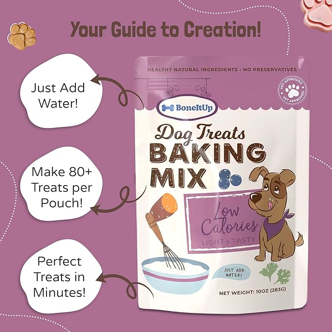 BoneItUp Dog Treats Mixes for Baking – Low Calorie Dog Treat Baking Mix with Nutrient-Rich Ingredients – Easy to Bake Puppy Cake Mix – 10 oz Pack for All Age Groups