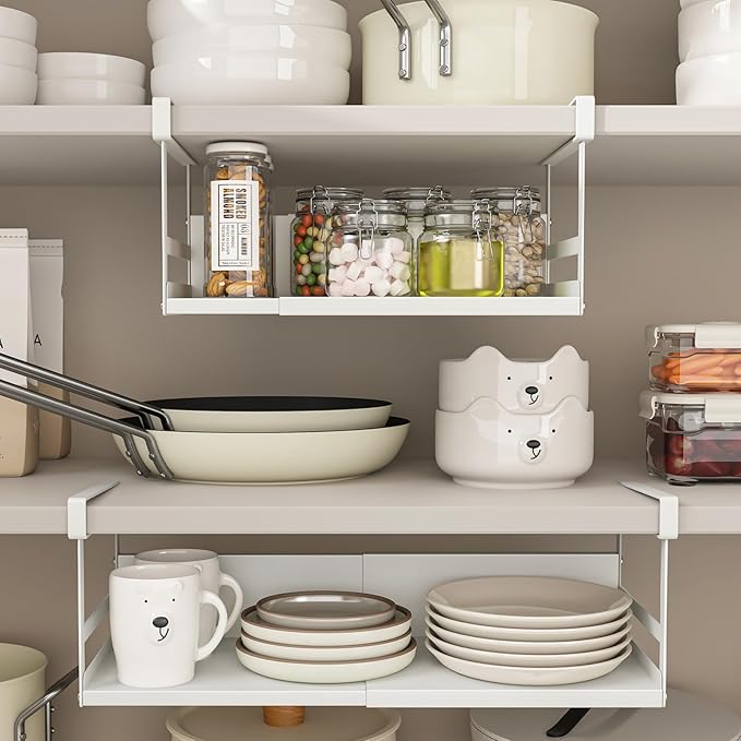 Expandable Under Cabinet Shelf Organizer with 0.94 Inches Thick Clips, Heavy Duty Extendable Under Shelf Storage Basket for Pantry or Laundry Room, White, 1 Pack, Interior: 5.7" H x 8.54" D