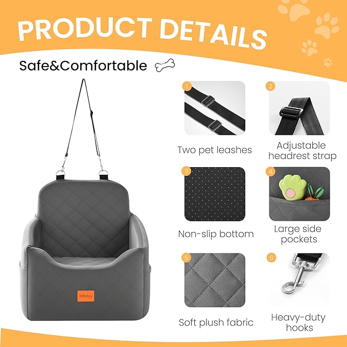 Dog Car Seat for Small Dog, Booster Seat for Dogs Under 30lb, Elevated Pet Seat with Pockets, Anti-Slip Bed for Car, Perfect for Front & Back Seats with Safety Leash (Grey, Medium)