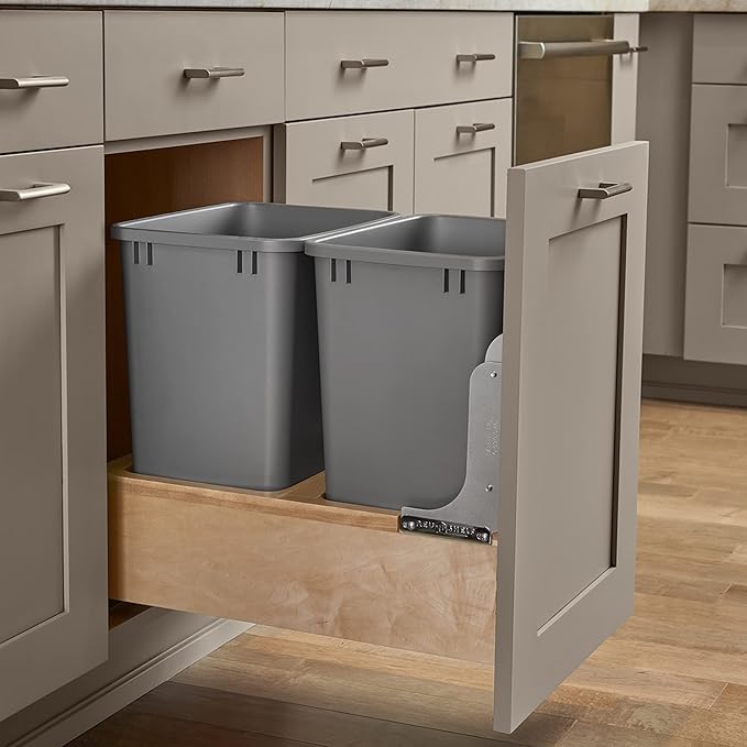 Rev-A-Shelf 35 Qt Bottom Mount Double Pullout Under Cabinet Kitchen Trash Cans w/Soft-Close, 150 Pound Rated Full-Extension Slides, Gray, 4WCBM-18DM-2 – Container Bins for Waste Management