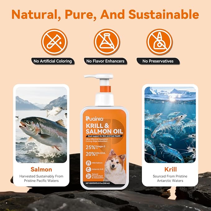 Krill & Salmon Fish Oil for Dogs & Cats – Omega-3 (EPA DHA) Liquid Fish Oil, Wild Icelandic Salmon Oil for Skin & Coat, Itch Support (8 Fl Oz (Pack of 1))