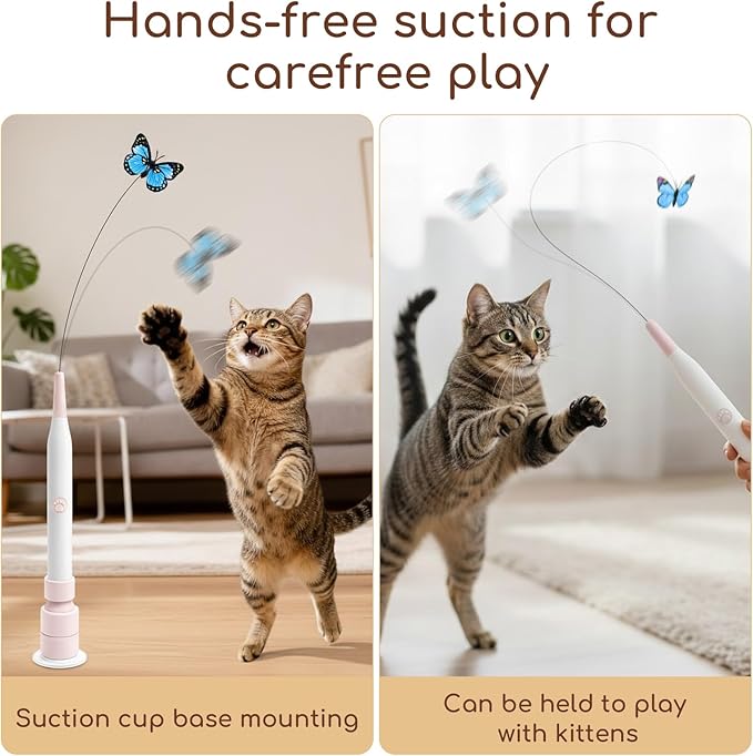 Rechargeable Automatic Cat Toy with Suction Cup, Interactive Cat Toys for Indoor Cats, Butterfly Teaser Wand for Bored Kittens, Self Play Exercise Toy with Flexible Wire (Blue)
