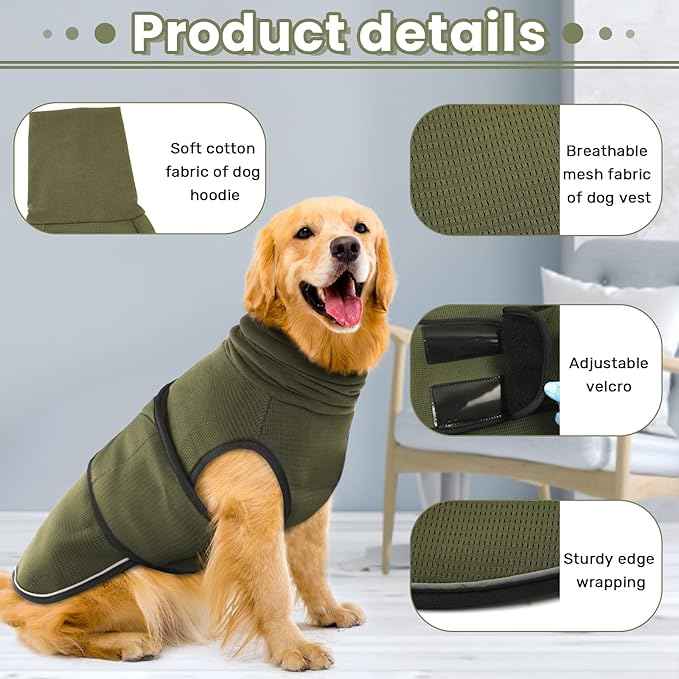IDOMIK Dog Anxiety Calming Hoodie,Breathable Dog Anxiety Jacket Vest Coat for Thunderstorms,Fireworks,Vet Visits,Separation,Adjustable Dog Hoodies for Noise Block & Ear Protection Recovery,Green,3XL
